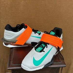 Nike Savale weightlifting White with Teal Swoosh and Bright Orange Strap